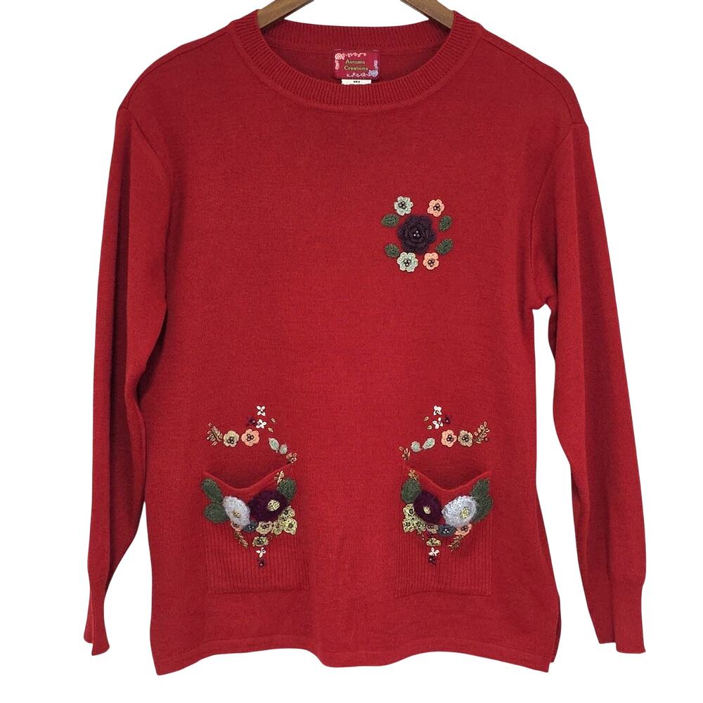 VTG Women Sz M Red Sweater 80s 90s Floral Beads Embroidered Wool Blend Crew Neck
